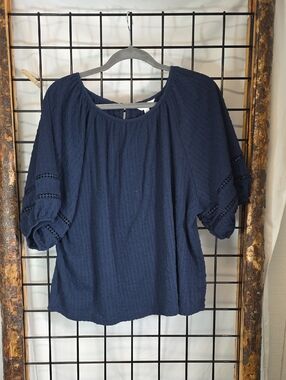 Time and Tru Dark Navy Peasant Blouse with Crochet Trim